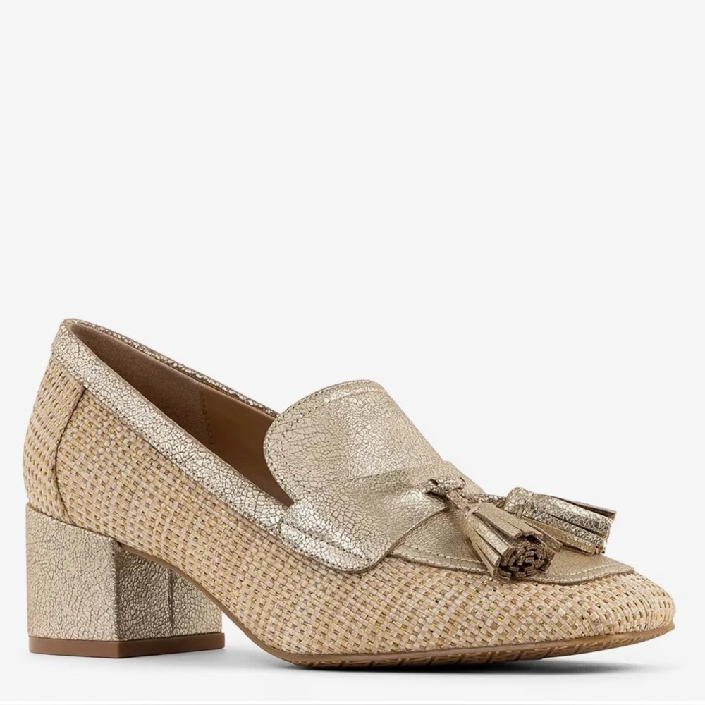 NEW Donald Pliner Women KRESSIDA Woven Loafer Gold Metallic Block Heel Tassel 7